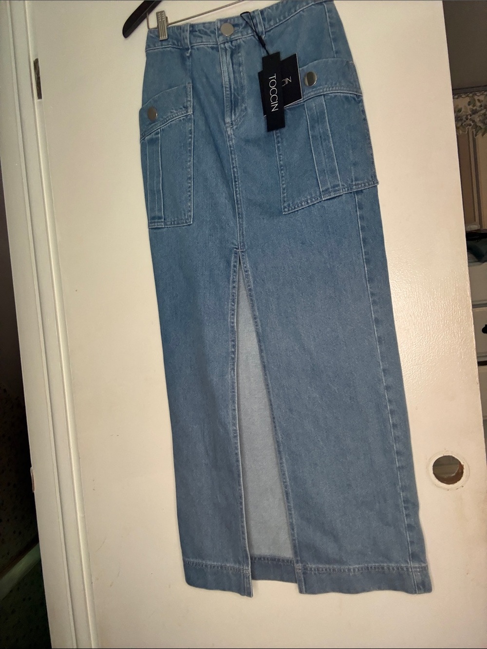 Toccin Light Blue Denim Midi Skirt with Large Slit in the Front Size 2 NWT
